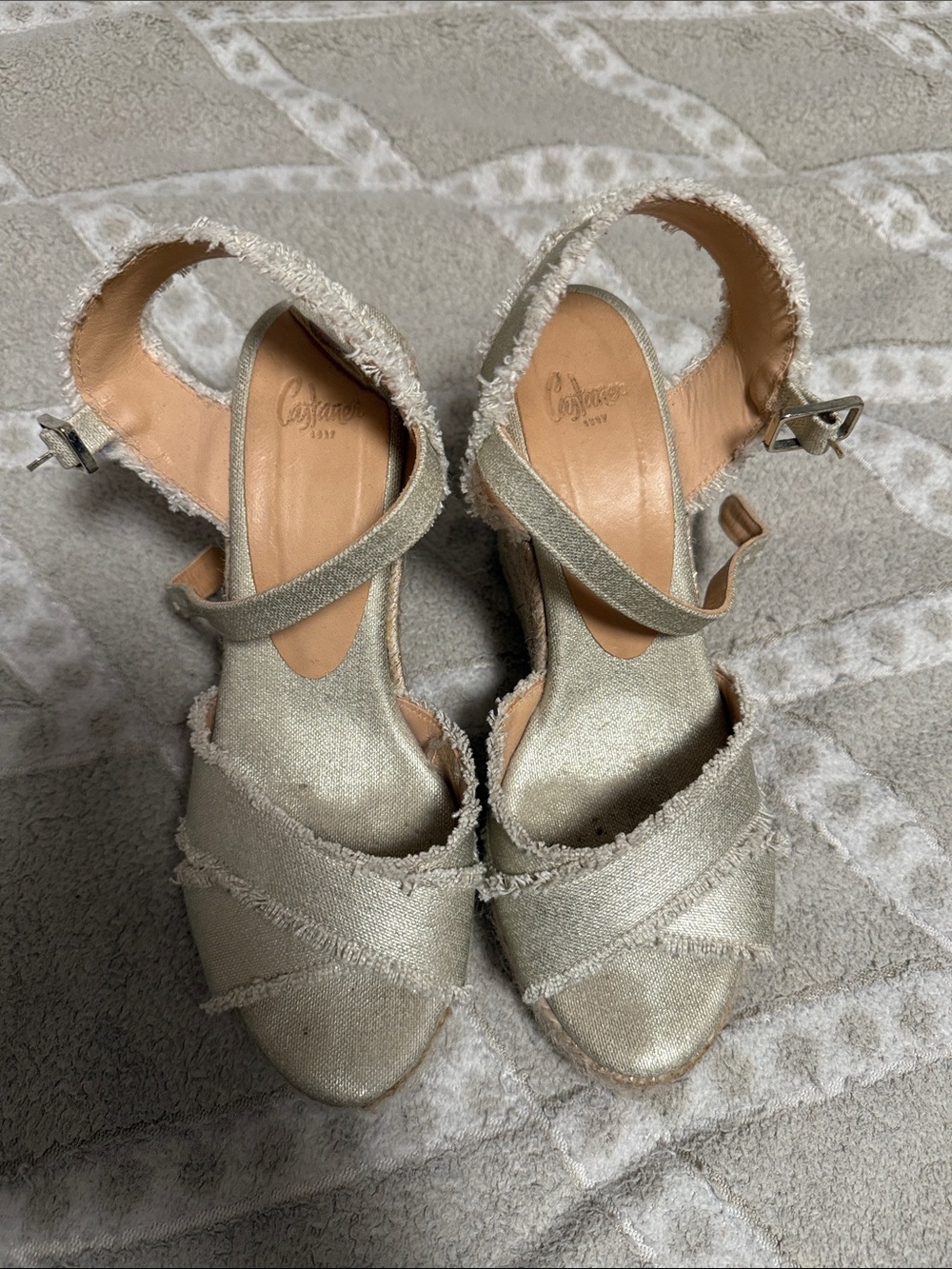 Castaner Champagne Metallic Espadrille Wedge Sandals with Frayed Straps